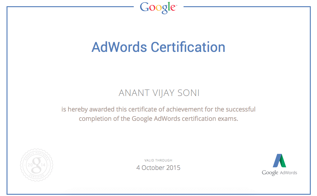 Anant Vijay Soni - Google Adword Certification
