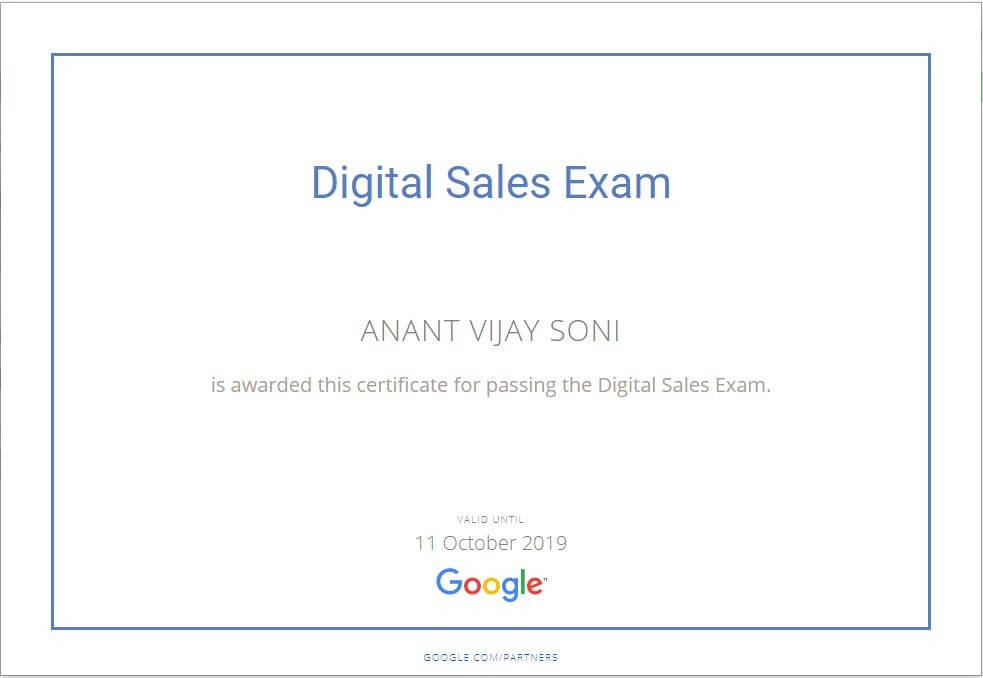 Anant Vijy Soni - Google Digital Sales Exam Certificate