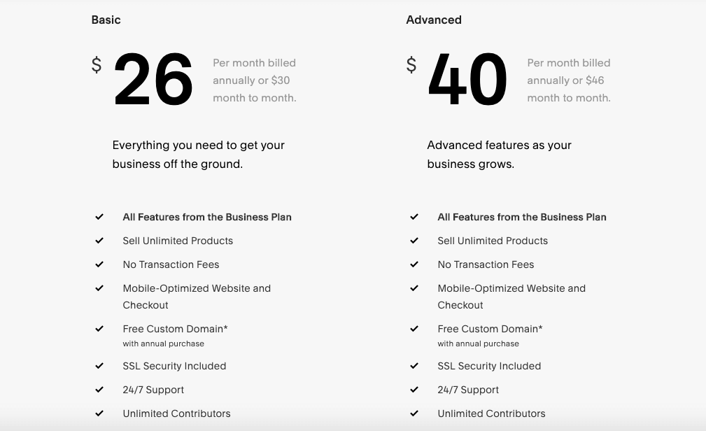 SquareSpace Online Store Pricing and plans