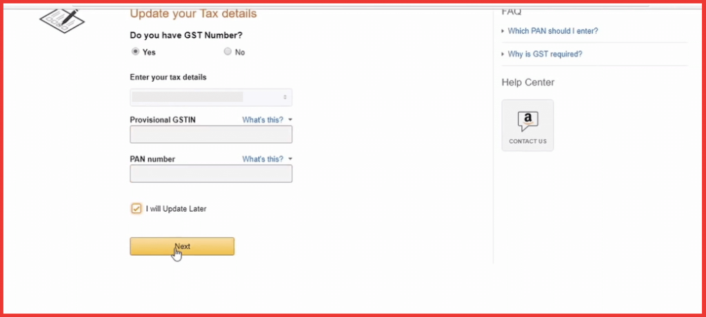 Tax Details - GST Click Yes- Sell on Amazon