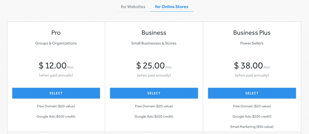 Weebly Online Store Pricing and plans