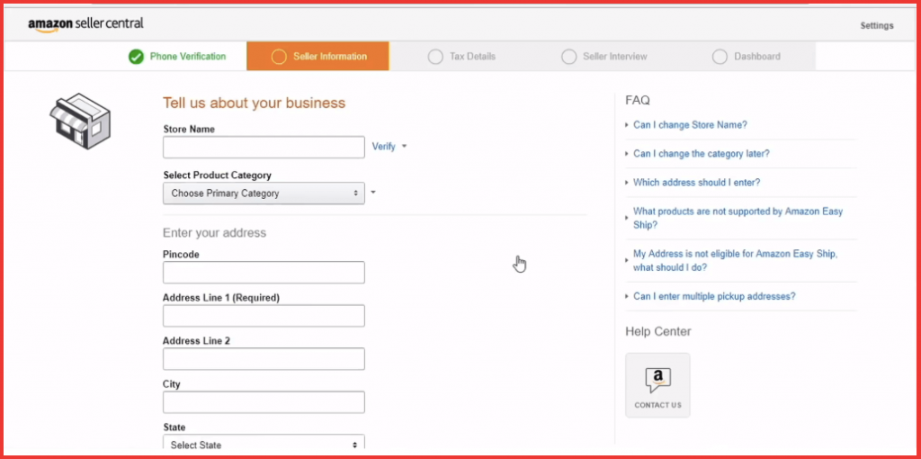 Seller information section - Sell on Amazon India FBA