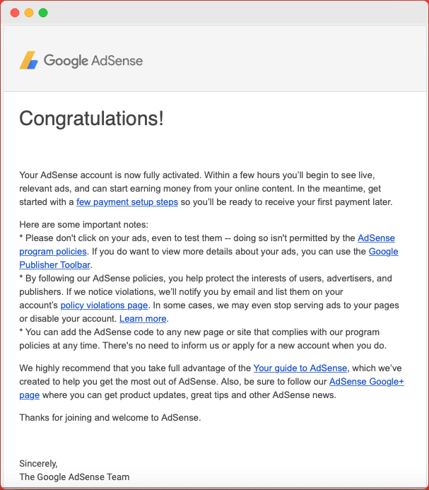 Google Adsense Approval Email