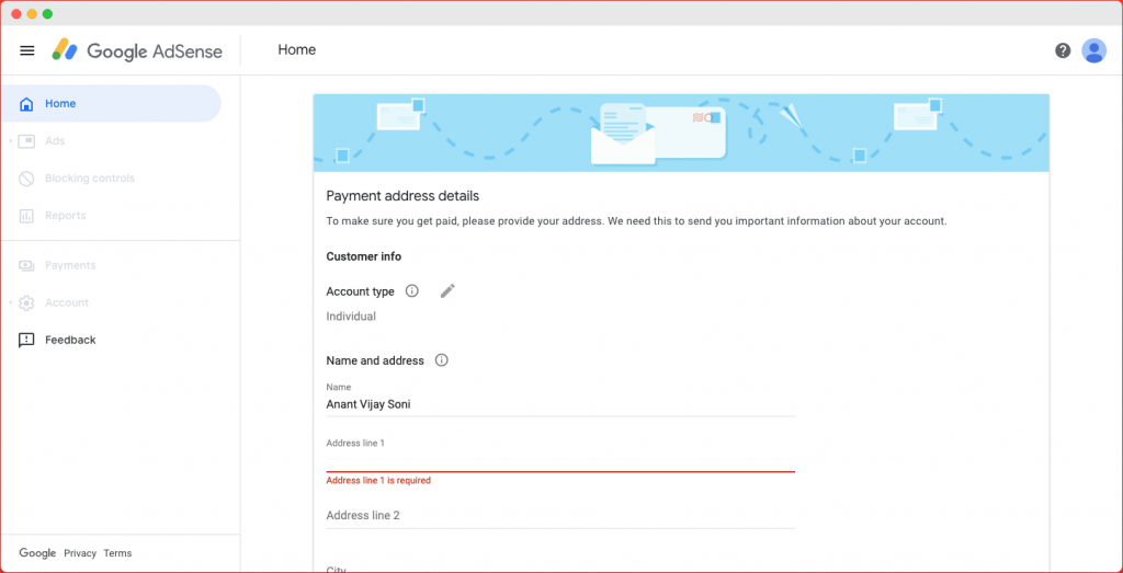 Google Adsense Payment Address Details