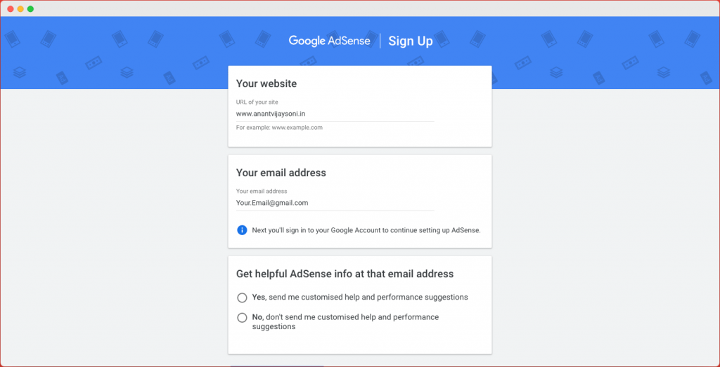 Google Adsense SignUp with email and website address