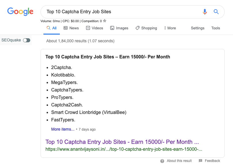 Google Featured Snippet Result Example - Table of content (TOC)