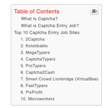 Table of content (TOC) Example