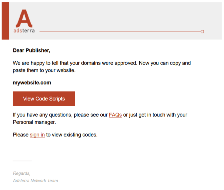 Adsterra Approval Email