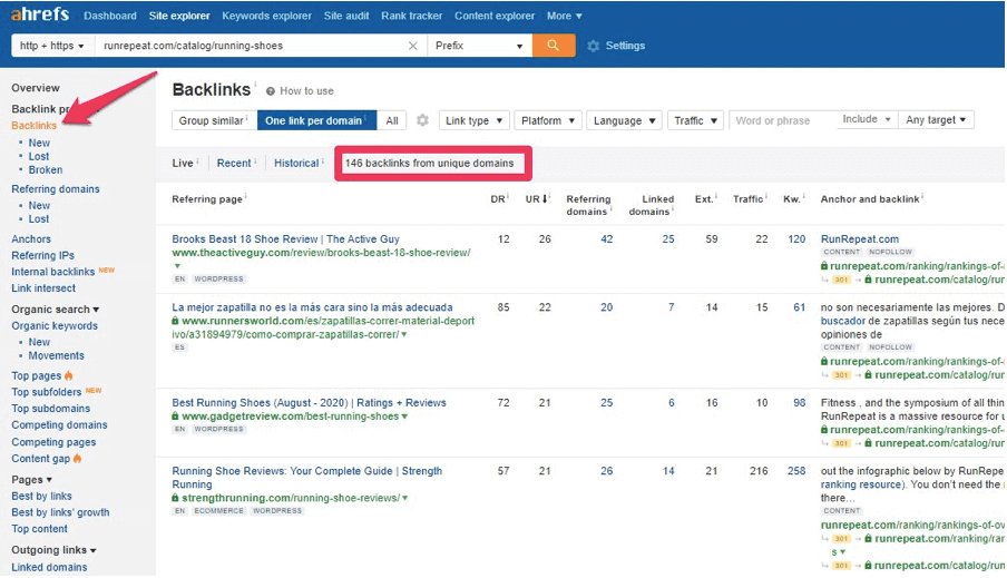 Inspect Their Links > Backlink Analysis on Ahref Tool