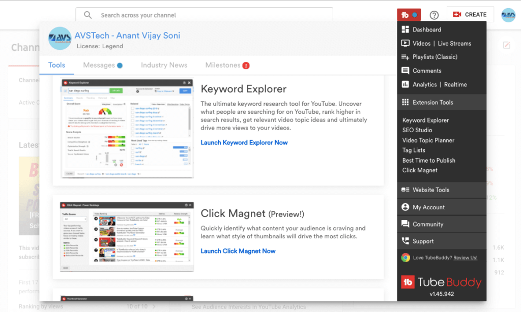 6. TubeBuddy Dashboard with Legend License