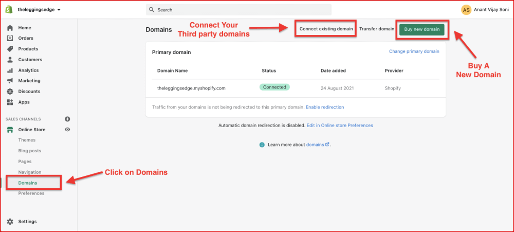 Buy a new domain and connect an existing domain to shopify store