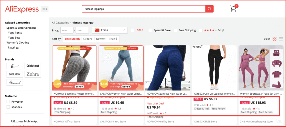 Dropshipping fitness leggings search on aliexpress