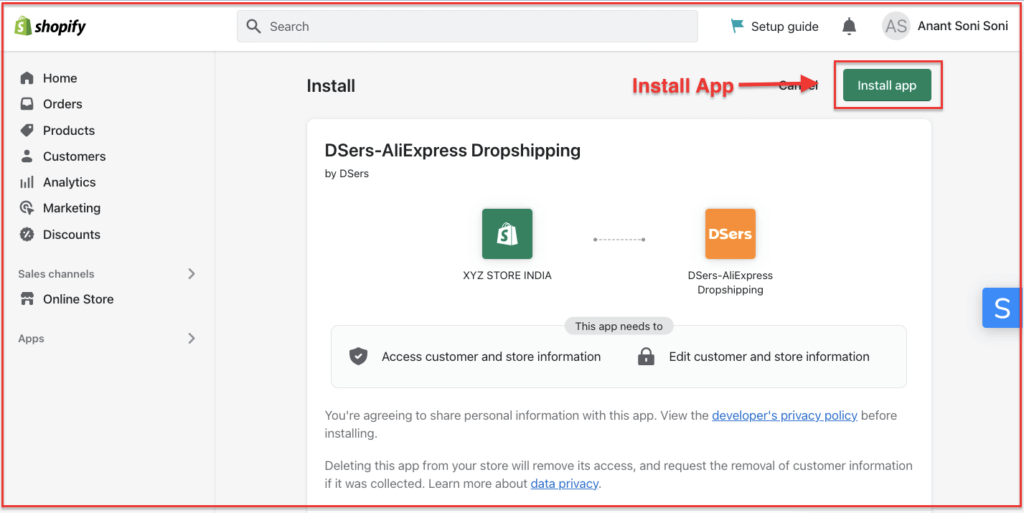 Install DSers App in Shopify Dashboard