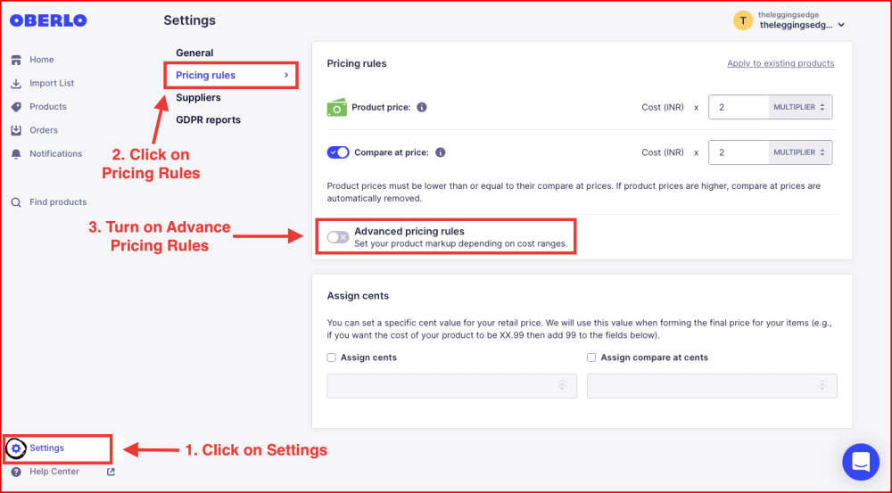 Oberlo pricing rules setup and setting