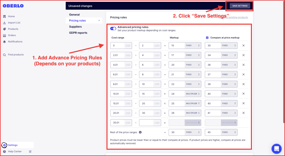 Oberlo advance pricing rules setting and setup