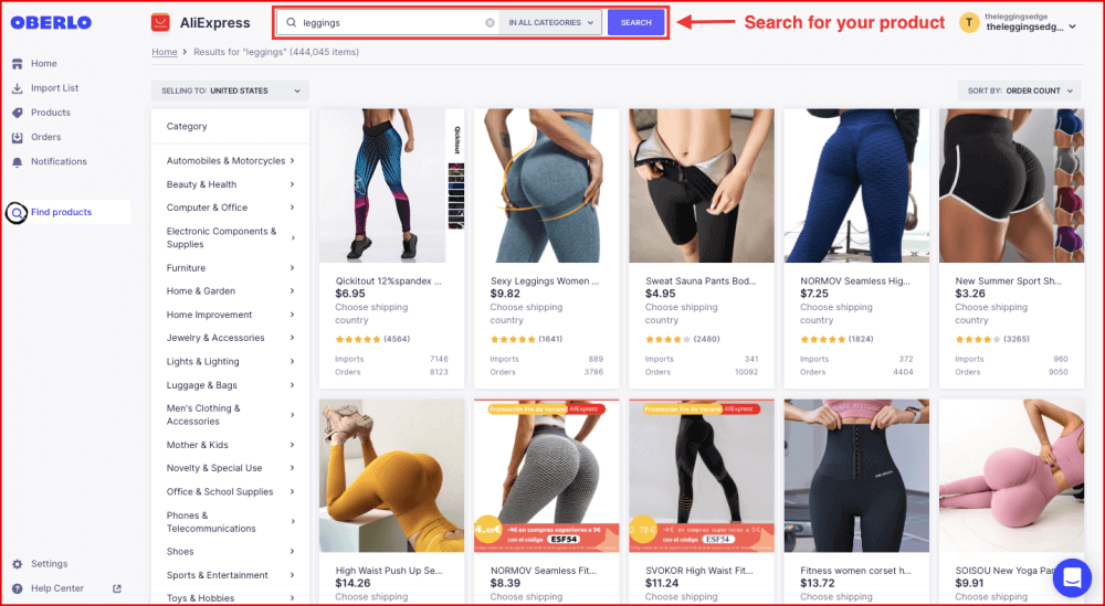 Search Leggings on the Oberlo Search Box