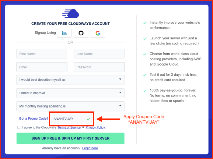 cloudways signup page with coupon code applied screenshot