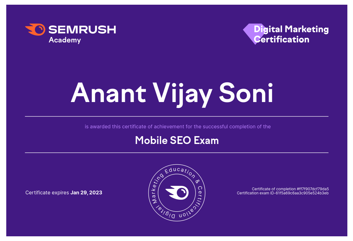 Mobile SEO Exam Certificate By SEMrush Academy Anant Vijay Soni