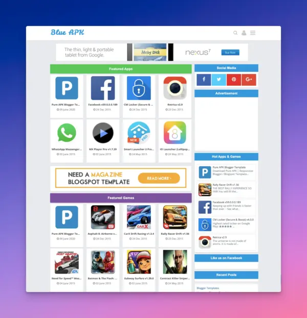 Blue APK Blogger Template — Create APK/APP Downloading Websites